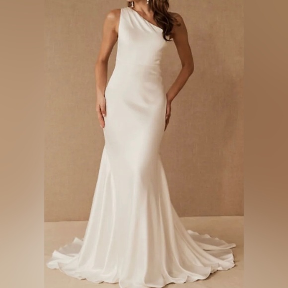 Nouvelle Amsale BHLDN One Shoulder Satin Wedding Dress Size 2 *never worn* - Picture 1 of 4